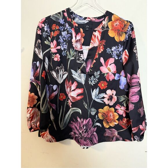 J. Crew Open V-neck top in midnight dutch floral satin popover blouse medium - Picture 1 of 4